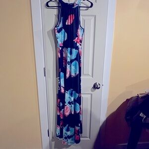 Navy Floral Maxi Dress with Pink and Blue Accents